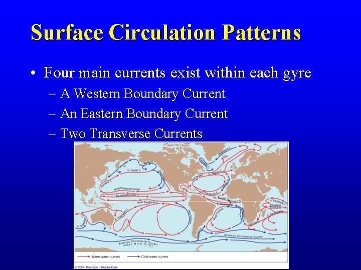 Surface Circulation Patterns • Four main currents exist within each gyre – A Western