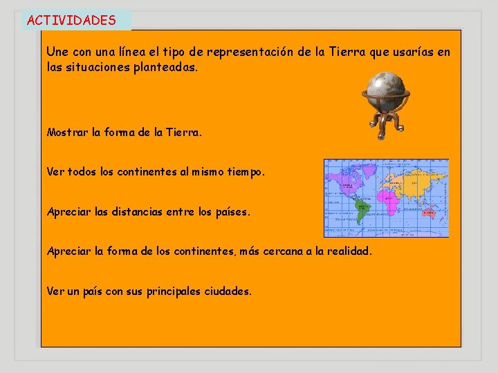 ACTIVIDADES Une con una línea el tipo de representación de la Tierra que usarías