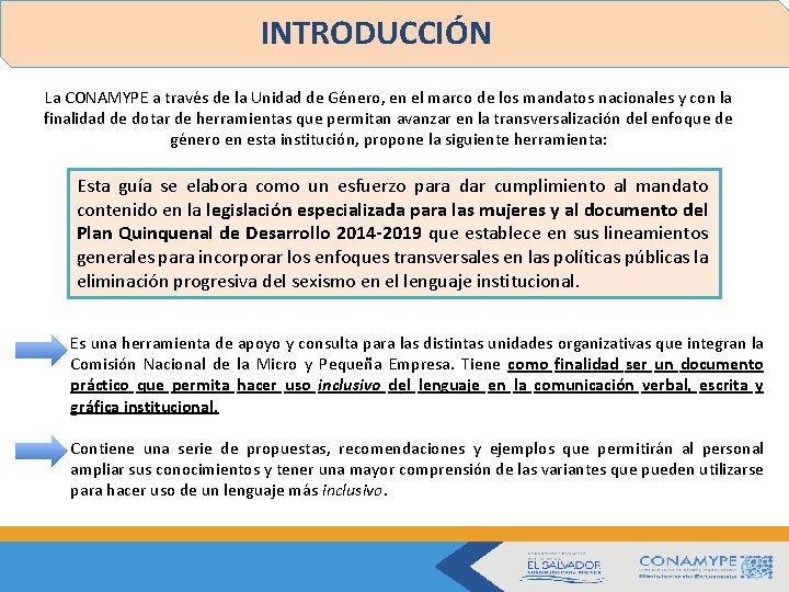 INTRODUCCIÓN La CONAMYPE a través de la Unidad de Género, en el marco de