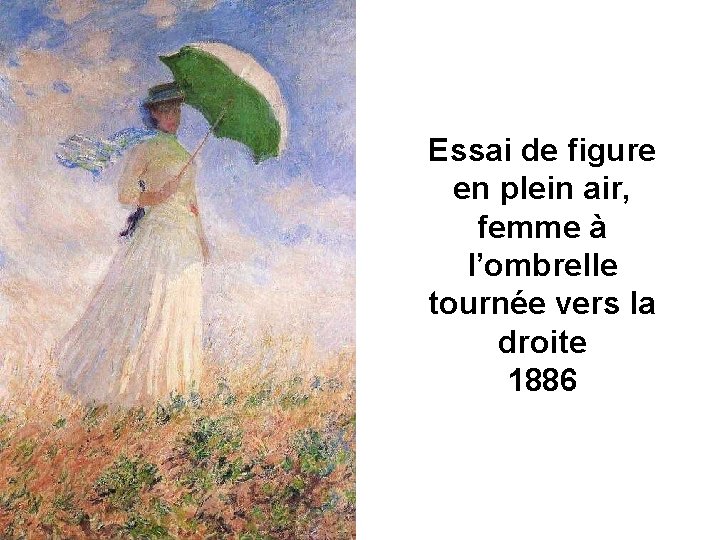 Essai de figure en plein air, femme à l’ombrelle tournée vers la droite 1886