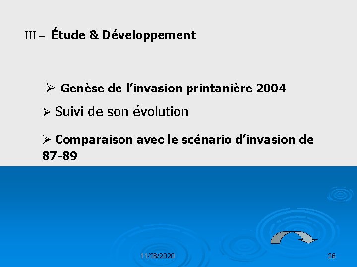 III – Étude & Développement Ø Genèse de l’invasion printanière 2004 Ø Suivi de