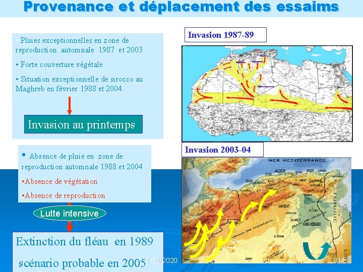 Provenance et déplacement des essaims • Pluies exceptionnelles en zone de reproduction automnale 1987