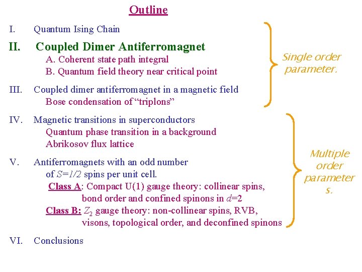 Outline I. Quantum Ising Chain II. Coupled Dimer Antiferromagnet Single order A. Coherent state