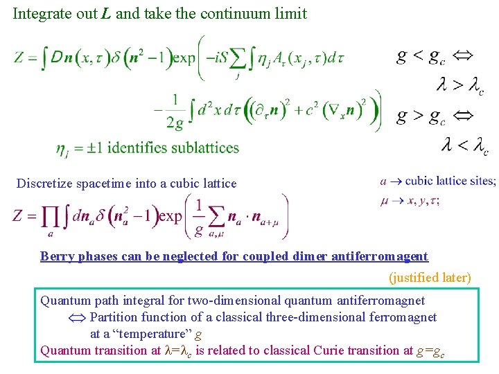 Integrate out L and take the continuum limit Discretize spacetime into a cubic lattice