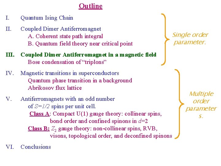 Outline I. Quantum Ising Chain II. Coupled Dimer Antiferromagnet Single order A. Coherent state