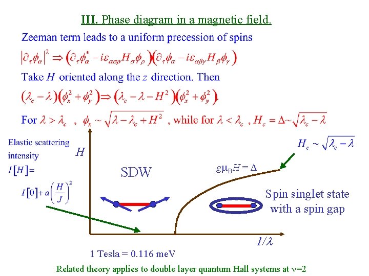 III. Phase diagram in a magnetic field. H SDW gm. BH = D Spin