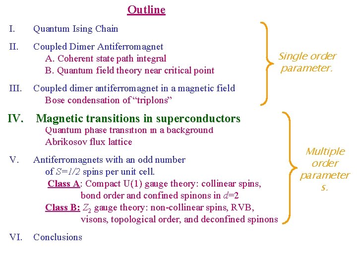 Outline I. Quantum Ising Chain II. Coupled Dimer Antiferromagnet Single order A. Coherent state