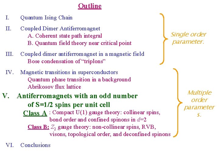 Outline I. Quantum Ising Chain II. Coupled Dimer Antiferromagnet Single order A. Coherent state