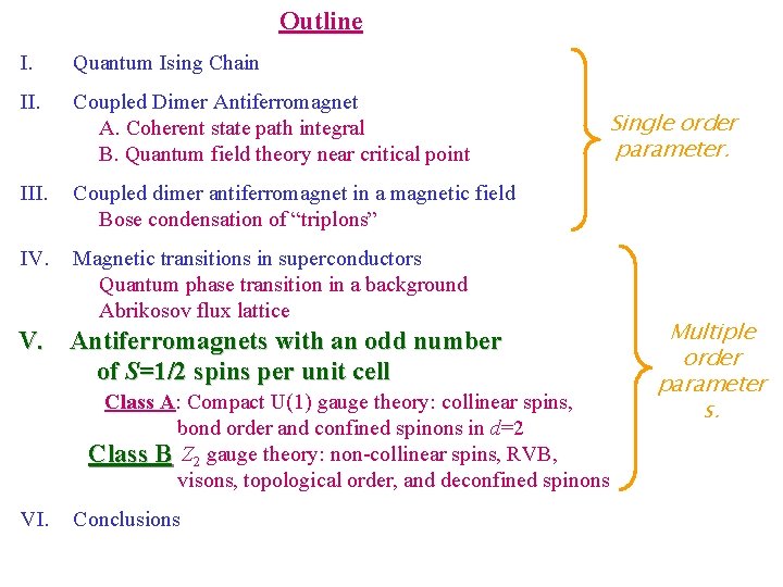 Outline I. Quantum Ising Chain II. Coupled Dimer Antiferromagnet Single order A. Coherent state