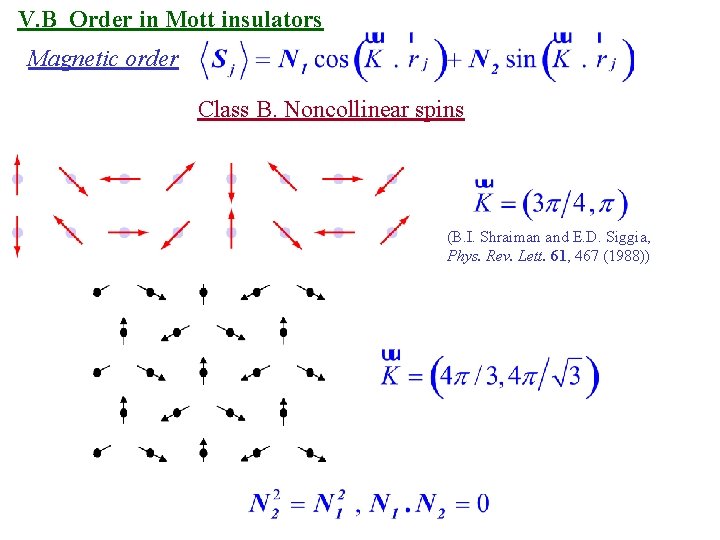 V. B Order in Mott insulators Magnetic order Class B. Noncollinear spins (B. I.