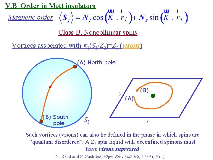 V. B Order in Mott insulators Magnetic order Class B. Noncollinear spins Vortices associated