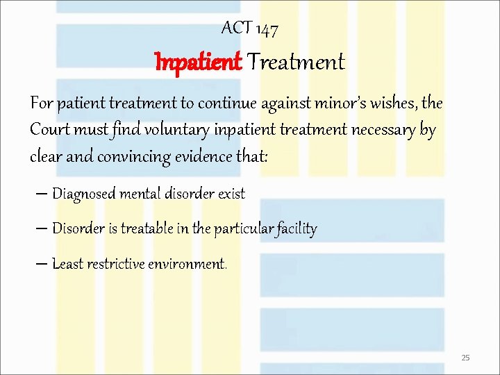 ACT 147 Inpatient Treatment For patient treatment to continue against minor’s wishes, the Court