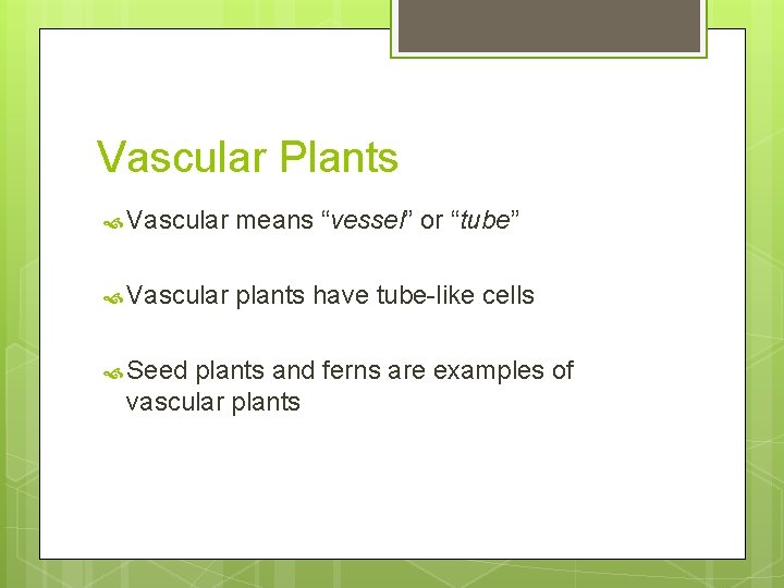 Vascular Plants Vascular means “vessel” or “tube” Vascular plants have tube-like cells Seed plants