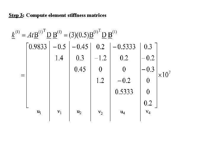 Step 3: Compute element stiffness matrices u 1 v 1 u 2 v 2 Step 3: Compute element stiffness matrices u 1 v 1 u 2 v 2