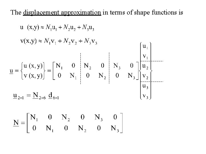 The displacement approximation in terms of shape functions is The displacement approximation in terms of shape functions is