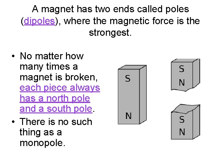 A magnet has two ends called poles (dipoles), where the magnetic force is the