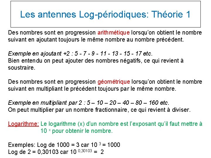 Les antennes Log-périodiques: Théorie 1 Des nombres sont en progression arithmétique lorsqu’on obtient le Les antennes Log-périodiques: Théorie 1 Des nombres sont en progression arithmétique lorsqu’on obtient le