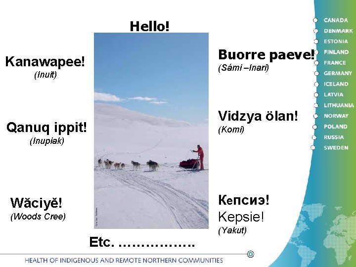 Hello! Buorre paeve! Kanawapee! (Sámi –Inari) (Inuit) Vidzya ölan! Qanuq ippit! (Komi) (Inupiak) Кепсиэ!