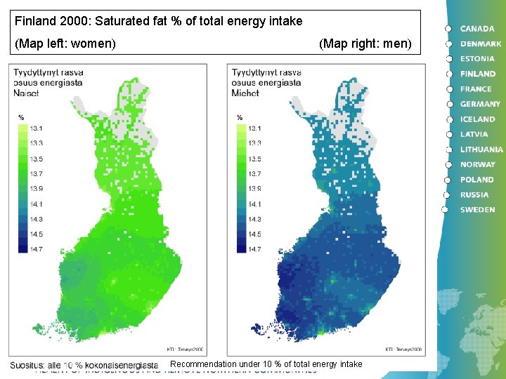 Finland 2000: Saturated fat % of total energy intake (Map left: women) (Map right: