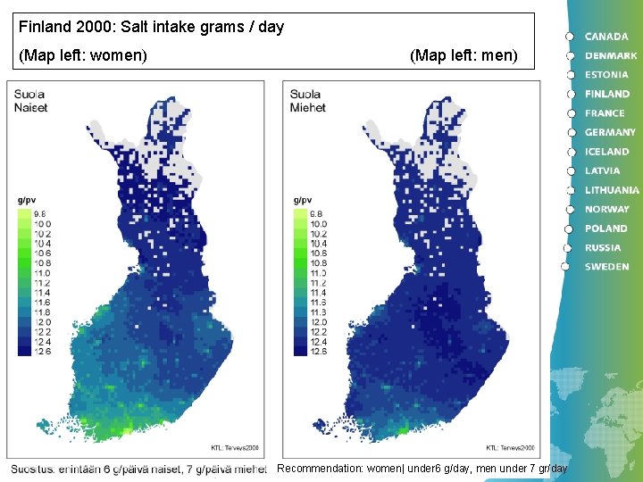 Finland 2000: Salt intake grams / day (Map left: women) (Map left: men) Recommendation: