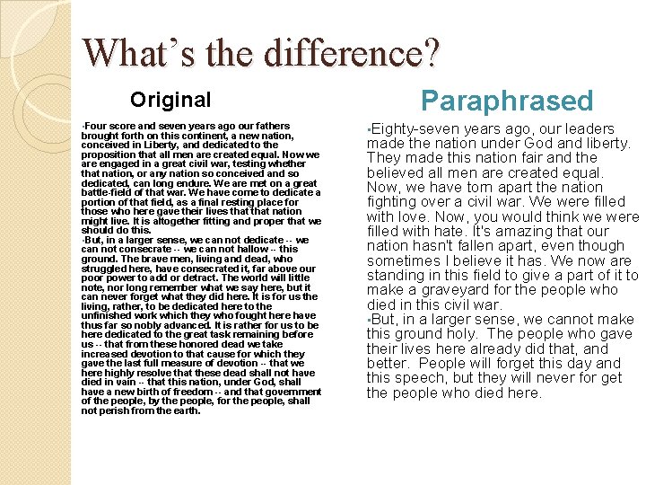 What’s the difference? Original • Four score and seven years ago our fathers brought