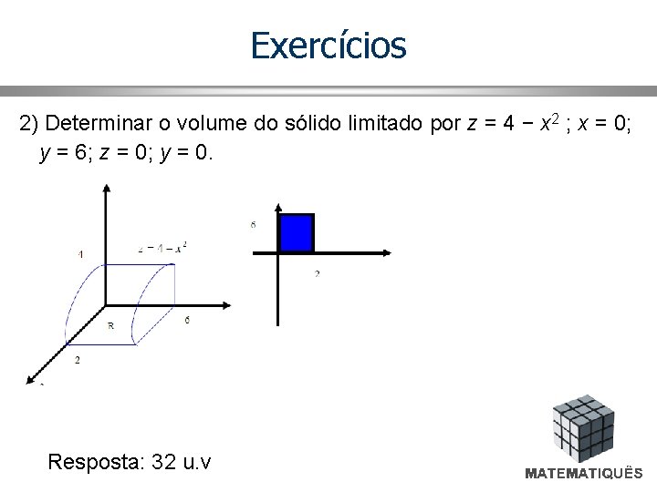 Exercícios 2) Determinar o volume do sólido limitado por z = 4 − x