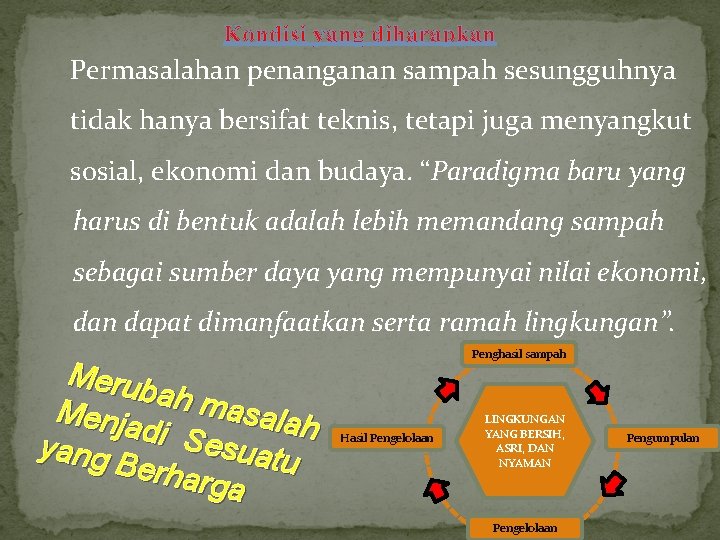 Kondisi yang diharapkan Permasalahan penanganan sampah sesungguhnya tidak hanya bersifat teknis, tetapi juga menyangkut