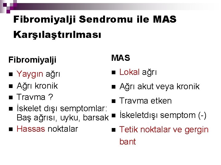 Fibromiyalji Sendromu ile MAS Karşılaştırılması MAS Fibromiyalji n Lokal ağrı n Yaygın ağrı n