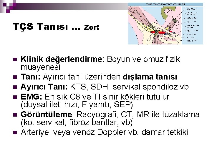 TÇS Tanısı … n n n Zor! Klinik değerlendirme: Boyun ve omuz fizik muayenesi