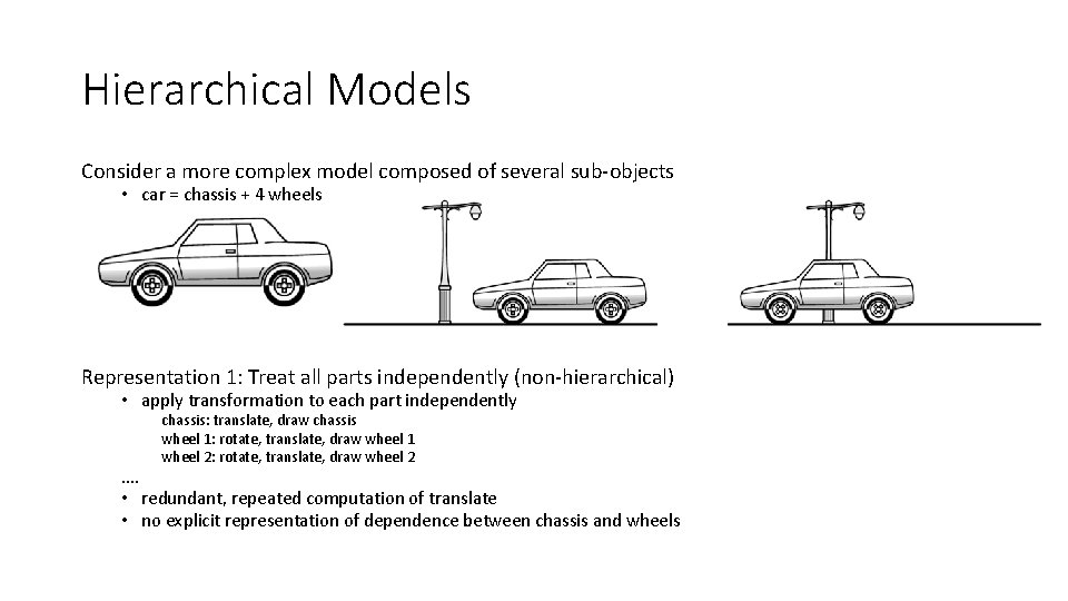 Hierarchical Models Consider a more complex model composed of several sub-objects • car =