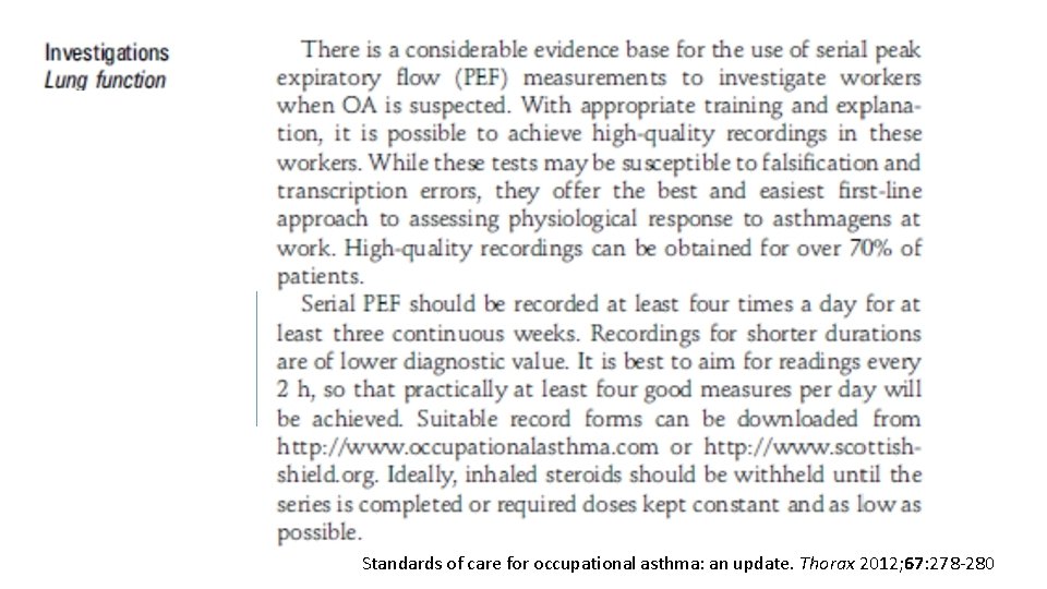 Standards of care for occupational asthma: an update. Thorax 2012; 67: 278 -280 