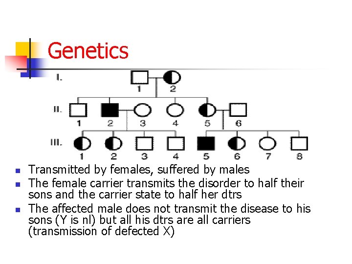 Genetics n n n Transmitted by females, suffered by males The female carrier transmits