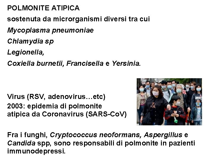 POLMONITE ATIPICA sostenuta da microrganismi diversi tra cui Mycoplasma pneumoniae Chlamydia sp Legionella, Coxiella