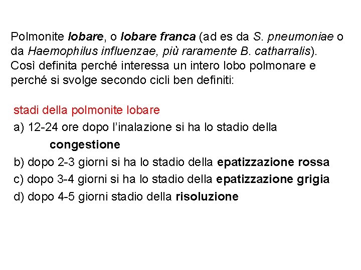 Polmonite lobare, o lobare franca (ad es da S. pneumoniae o da Haemophilus influenzae,
