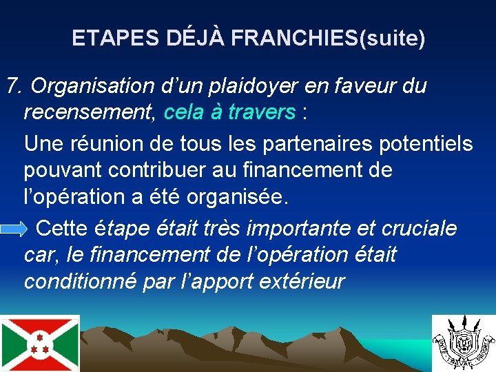 ETAPES DÉJÀ FRANCHIES(suite) 7. Organisation d’un plaidoyer en faveur du recensement, cela à travers