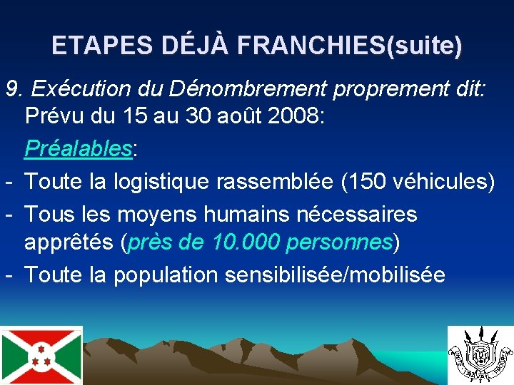 ETAPES DÉJÀ FRANCHIES(suite) 9. Exécution du Dénombrement proprement dit: Prévu du 15 au 30