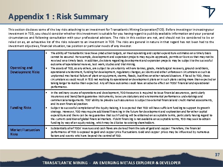 Appendix 1 : Risk Summary This section discloses some of the key risks attaching