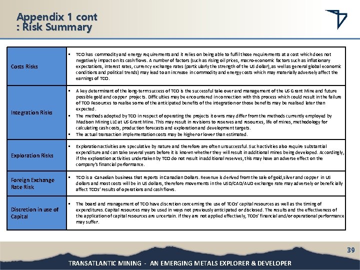 Appendix 1 cont : Risk Summary • TCO has commodity and energy requirements and