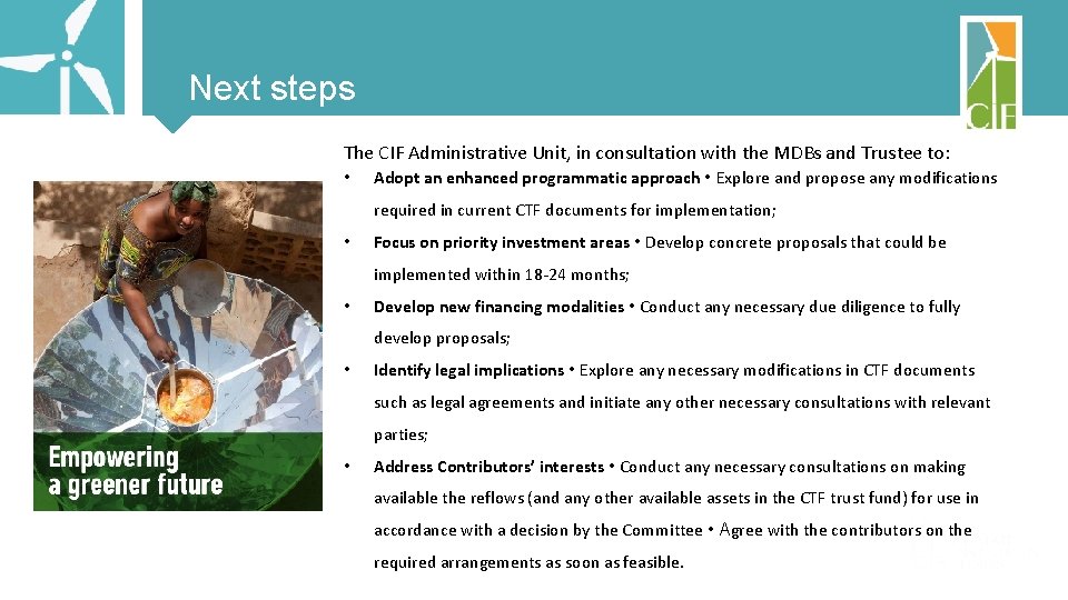 Next steps The CIF Administrative Unit, in consultation with the MDBs and Trustee to: