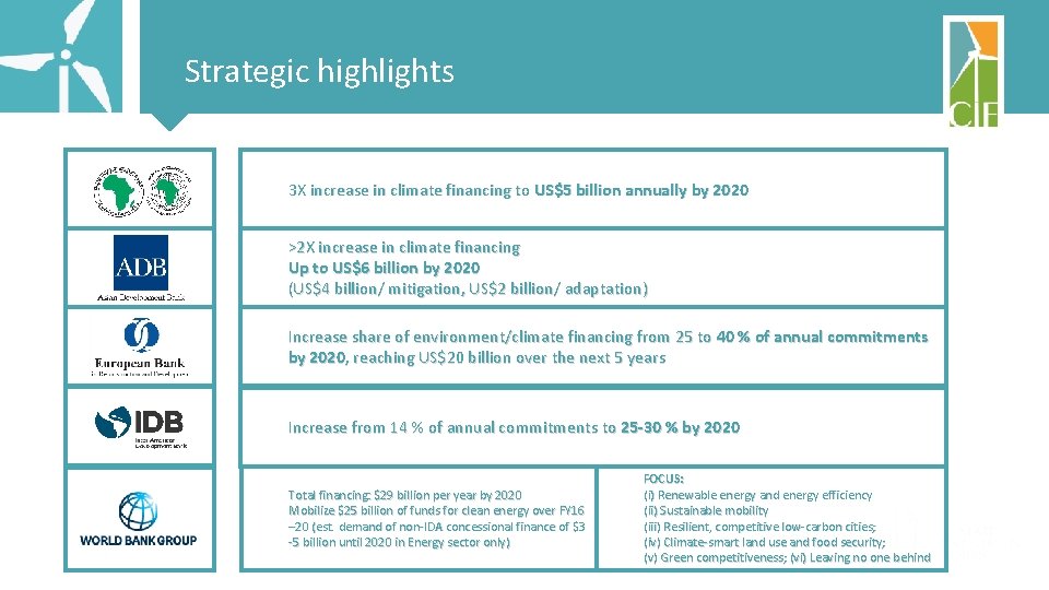 Strategic highlights 3 X increase in climate financing to US$5 billion annually by 2020