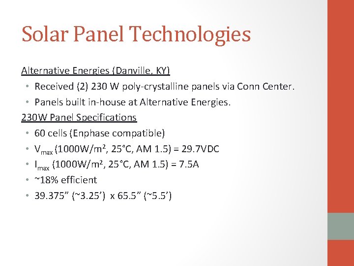 Solar Panel Technologies Alternative Energies (Danville, KY) • Received (2) 230 W poly-crystalline panels