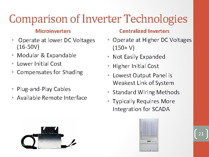 Comparison of Inverter Technologies Microinverters • Operate at lower DC Voltages (16 -50 V)