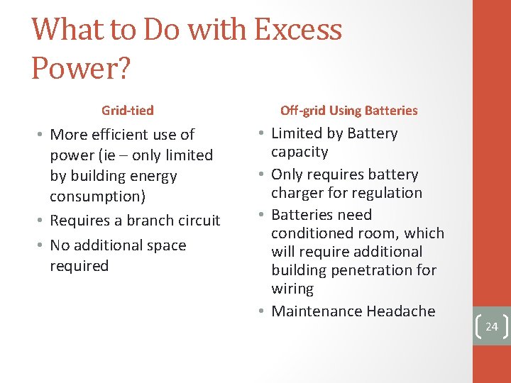 What to Do with Excess Power? Grid-tied Off-grid Using Batteries • More efficient use