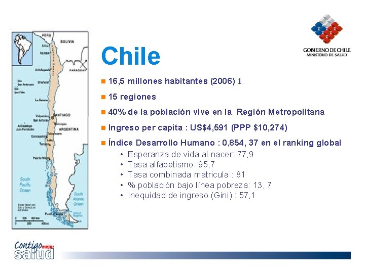 Chile 16, 5 millones habitantes (2006) 1 15 regiones 40% de la población vive
