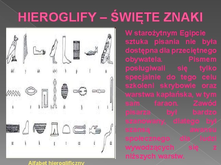 HIEROGLIFY – ŚWIĘTE ZNAKI Alfabet hieroglificzny W starożytnym Egipcie sztuka pisania nie była dostępna