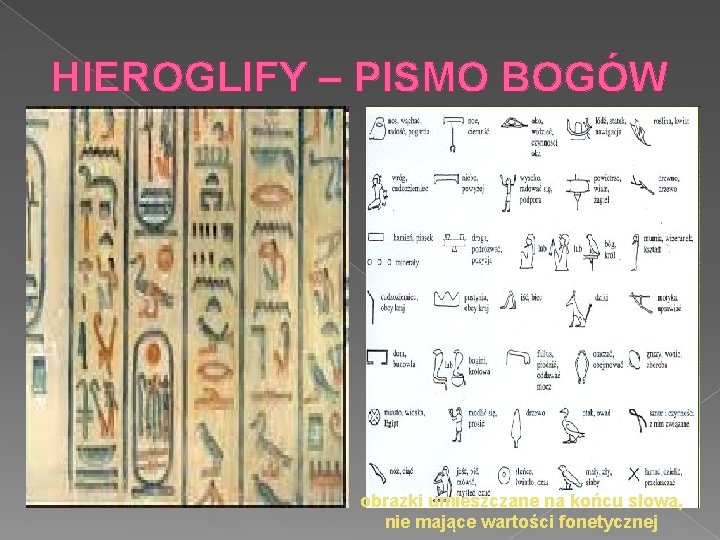 HIEROGLIFY – PISMO BOGÓW obrazki umieszczane na końcu słowa, nie mające wartości fonetycznej 