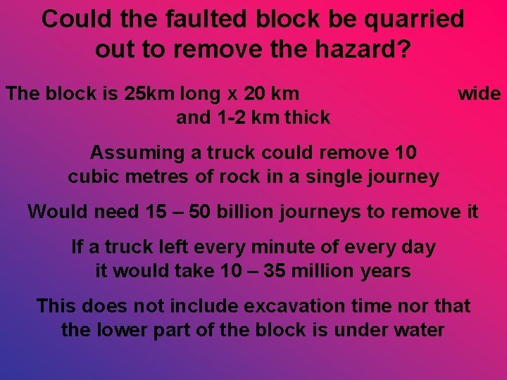 Could the faulted block be quarried out to remove the hazard? The block is