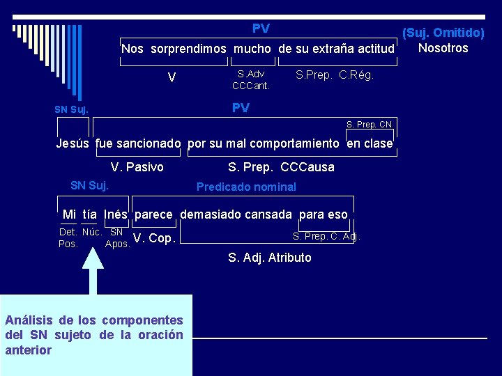 PV (Suj. Omitido) Nosotros Nos sorprendimos mucho de su extraña actitud V S. Adv