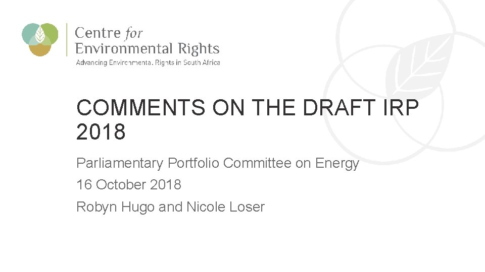 CER Comments on the Draft IRP 2018 COMMENTS ON THE DRAFT IRP 2018 Parliamentary