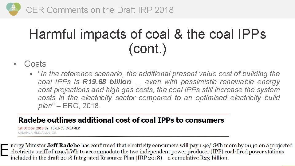 CER Comments on the Draft IRP 2018 Harmful impacts of coal & the coal